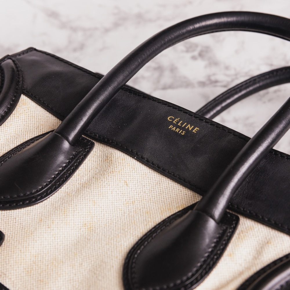 Celine Luggage Bicolor in Black Leather and Cream Canvas Medium - Picture 6 of 7